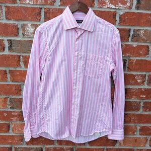 Bresciani Dress Shirt‎ Mens 15.5 Pink White Striped Italian Cotton Long Sleeve